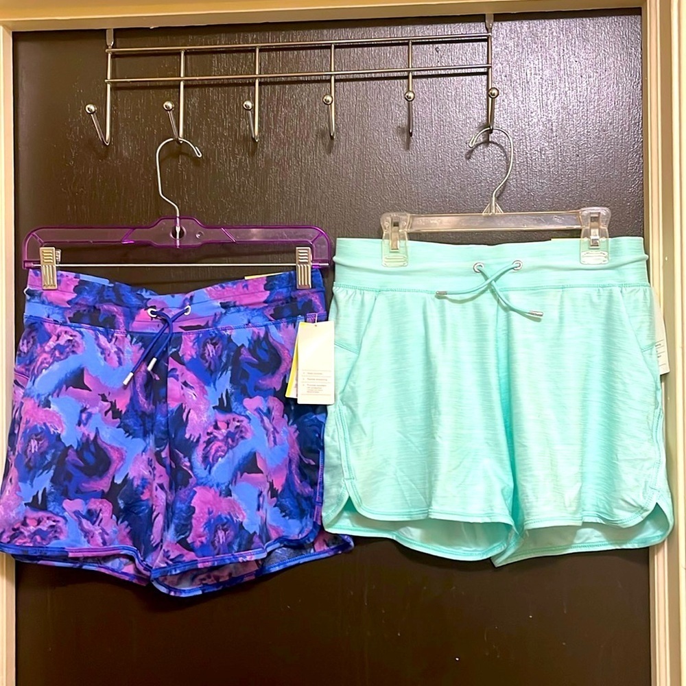 Set of 2 Girl’s All In Motion Athletic Shorts Blue Purple & Mint Green XL 14/16